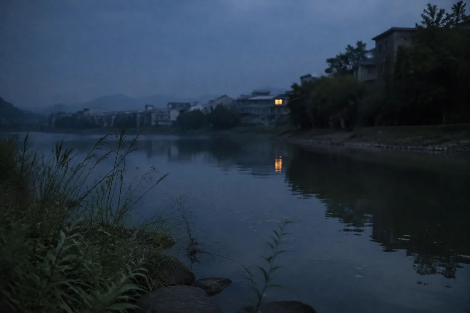 河岸与暮色的生成影像