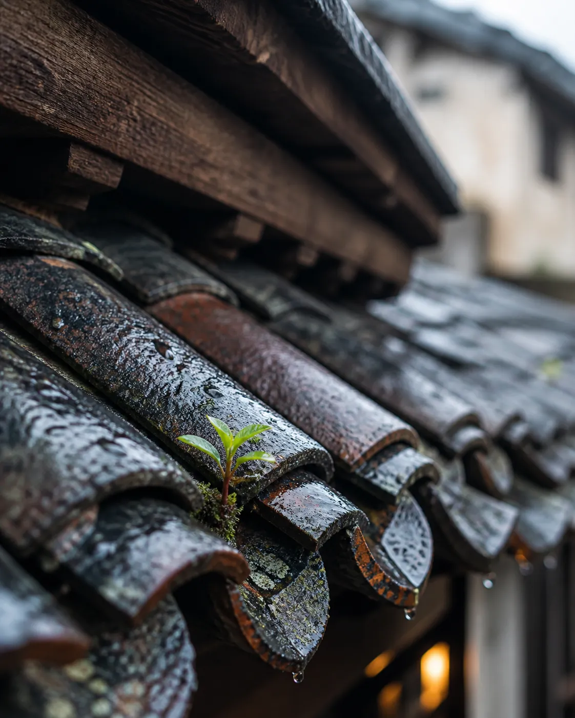 旧瓦与雨的生成影像